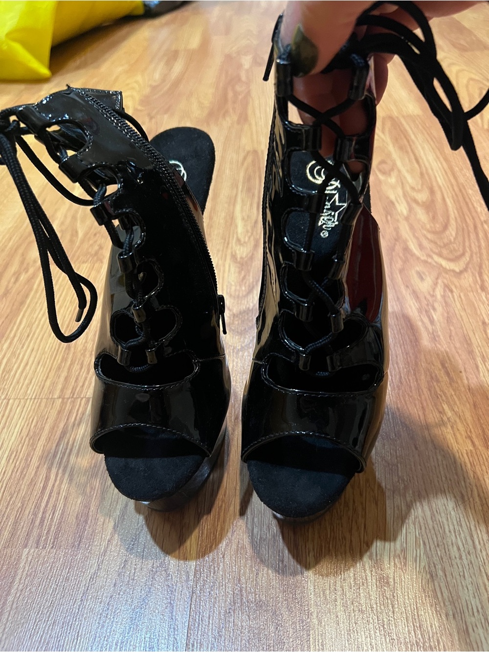Pleaser Black Lace-Up Peep Toe Platform Heels - Ladies